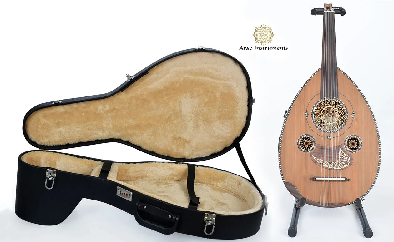 Semi-acoustic electric oud by Mourad ELTurky with premium cedar face and decorative rosettes