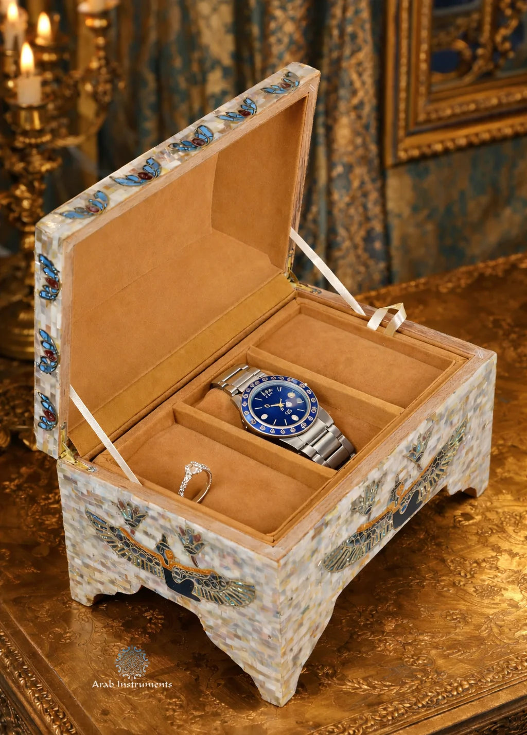 Close-up of genuine mother-of-pearl inlay on handmade Egyptian jewelry box