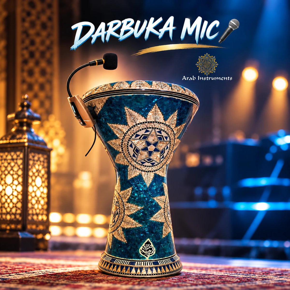 Clip-on wireless darbuka microphone attached to an Egyptian doumbek drum with adjustable gooseneck capsule