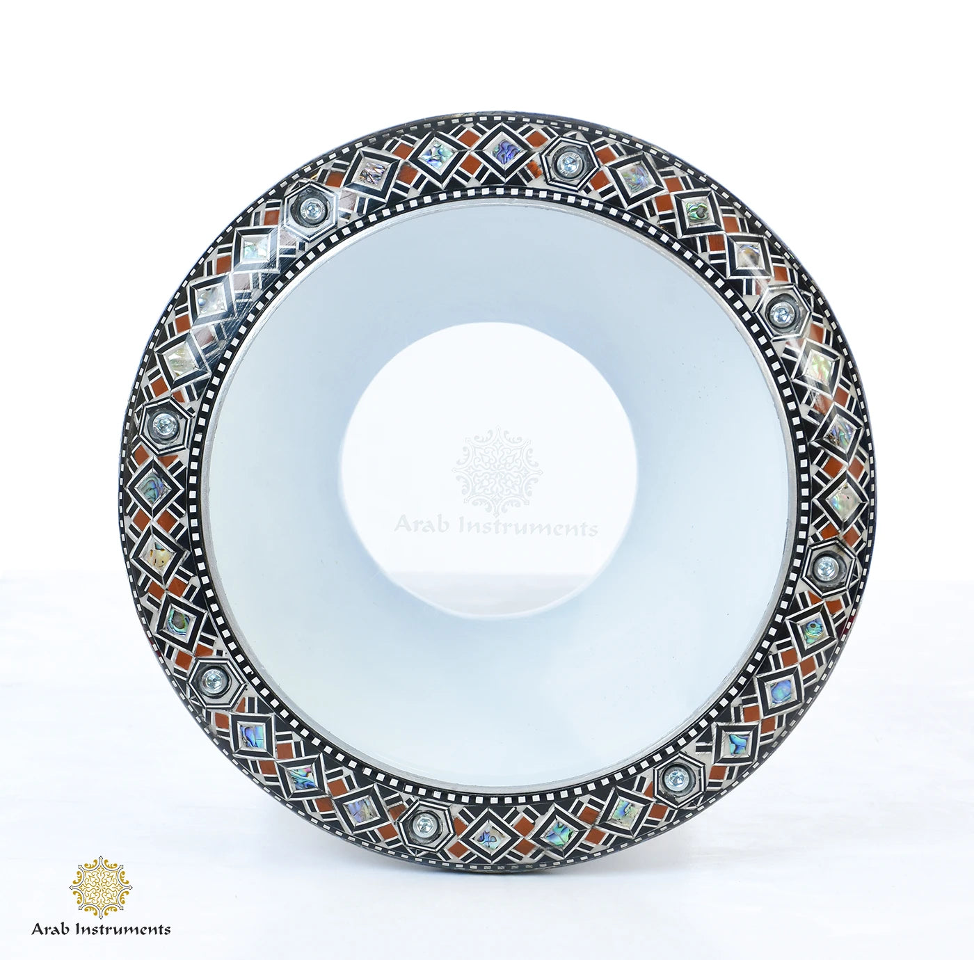 Handmade Egyptian darbuka drum decorated with genuine mother of pearl, blue pearls and lotus motifs