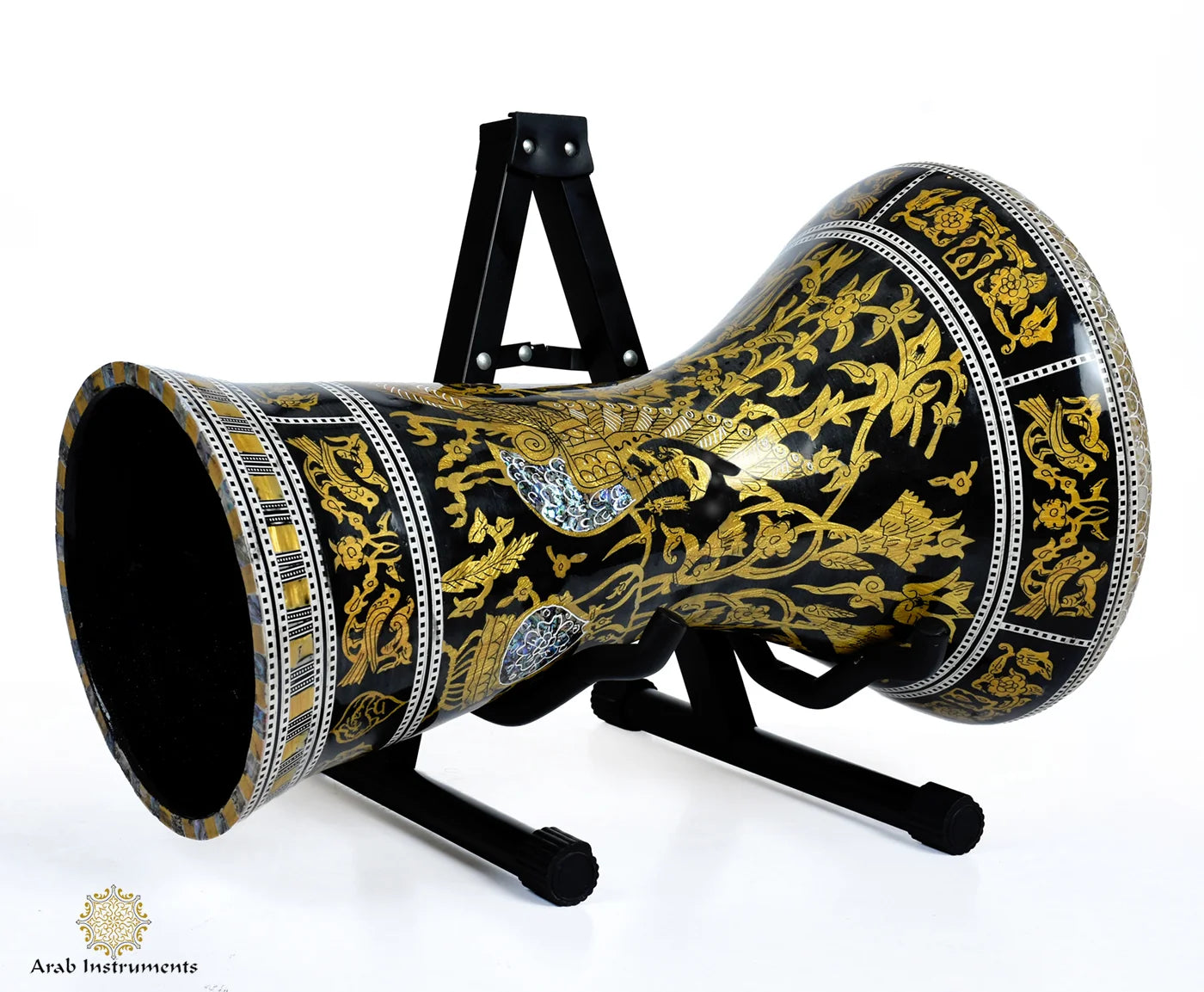 Golden Peacock Sombaty Max darbuka with handmade gold peacock, white mother of pearl and blue abalone inlay – 24 cm doumbekGolden Peacock Sombaty Max darbuka with handmade gold peacock, white mother of pearl and blue abalone inlay – 24 cm doumbek