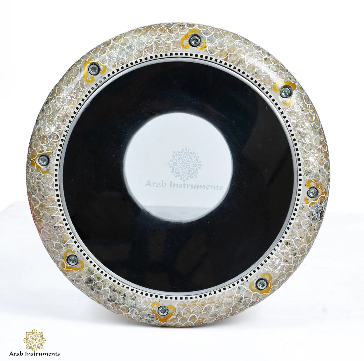 Side view of Golden Peacock Sombaty Max darbuka showing handcrafted aluminum shell and luxury mother of pearl artwork