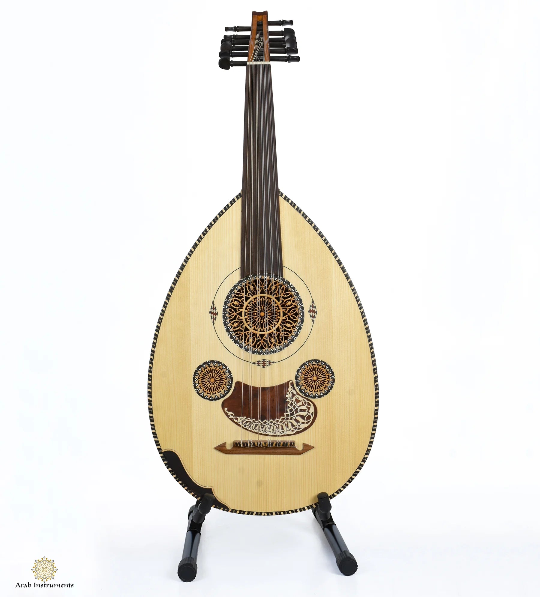 Luxury handmade Egyptian oud with spruce face, Wenge Walnut bowl, ebony pegs, and authentic Arabic craftsmanship