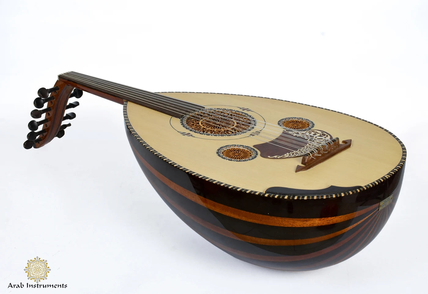 Front view of handmade Mourad ELTurky Egyptian oud with premium spruce soundboard and Wenge Walnut wood bowl