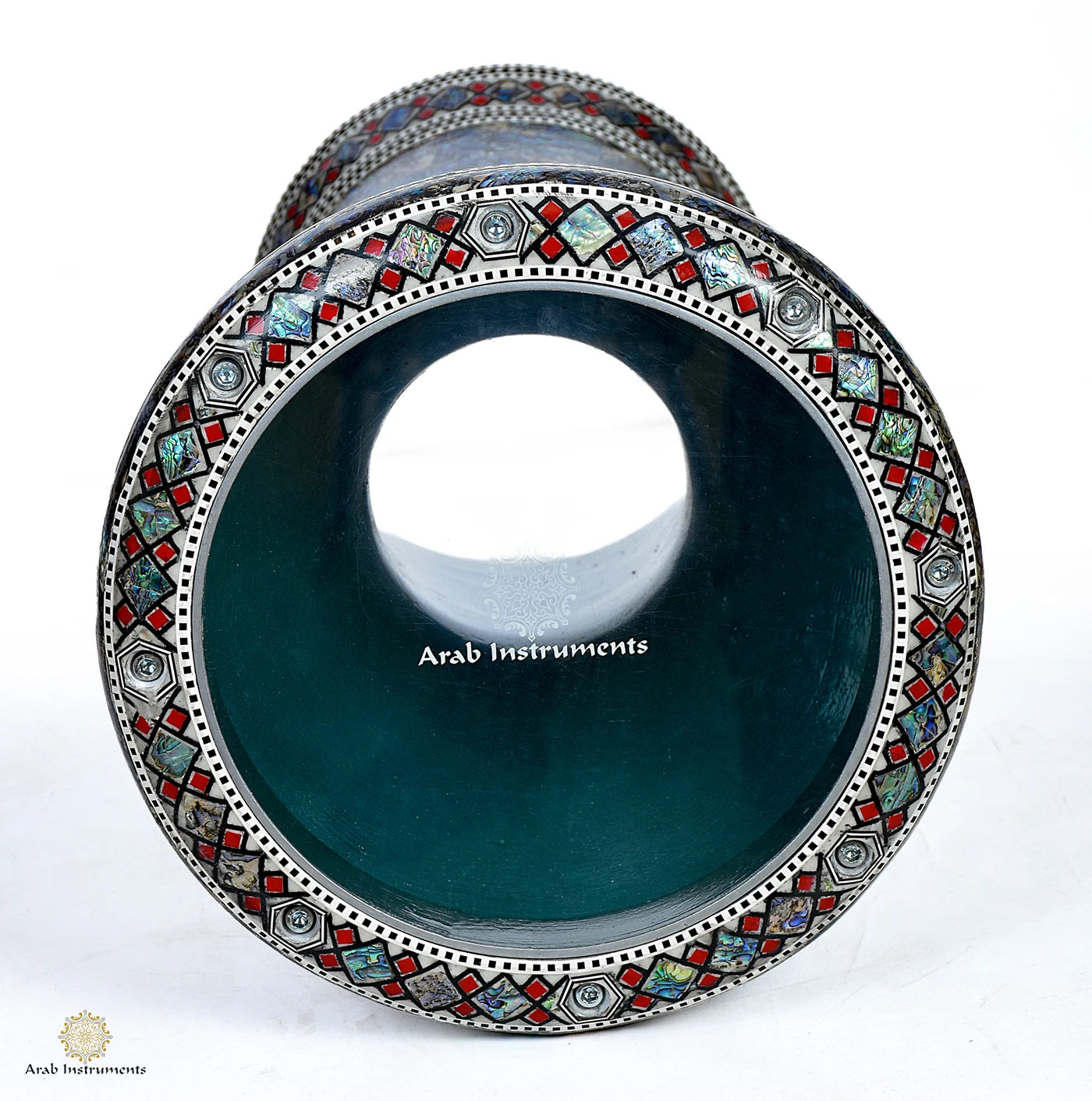 Exclusive Arab Instruments Sombaty Max Doumbek Drum with 24 cm drumhead, open structure, and handcrafted blue abalone artwork