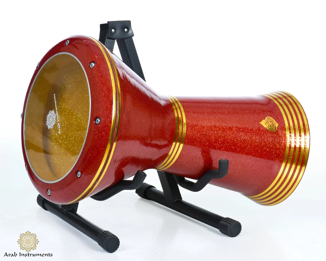 Crown red sparkling Sombaty Plus darbuka with gold interior, 8 tuning pegs professional Egyptian doumbek front view