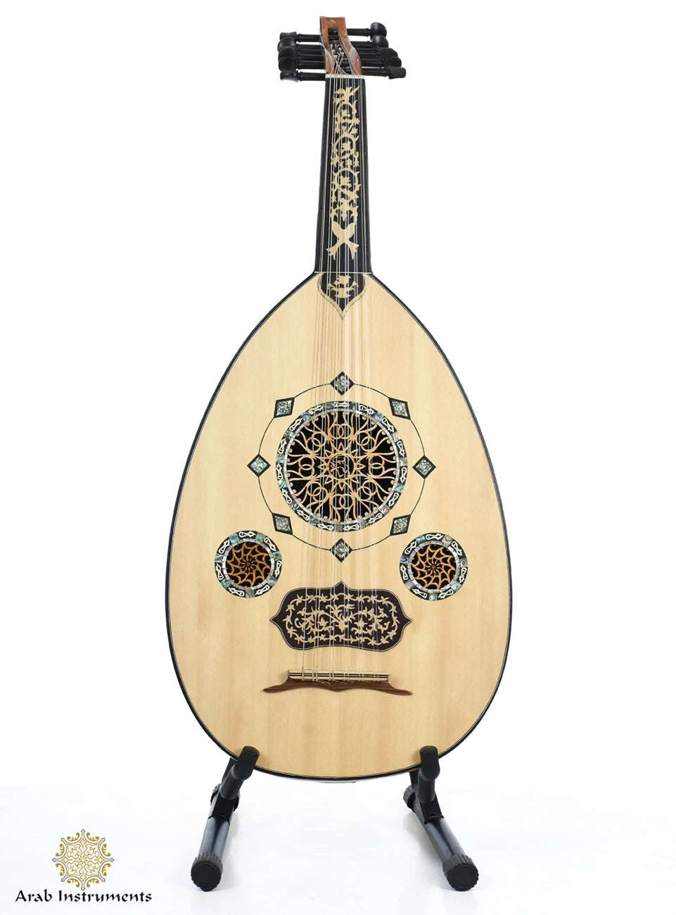 Handmade Egyptian oud with three decorative rosettes and traditional Arabic design