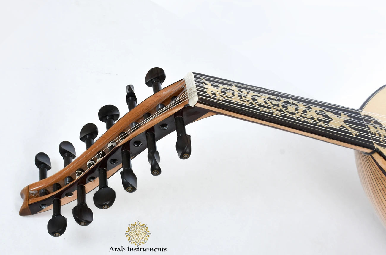 Close-up of handmade decorated fingerboard on Mourad ELTurky Egyptian oud