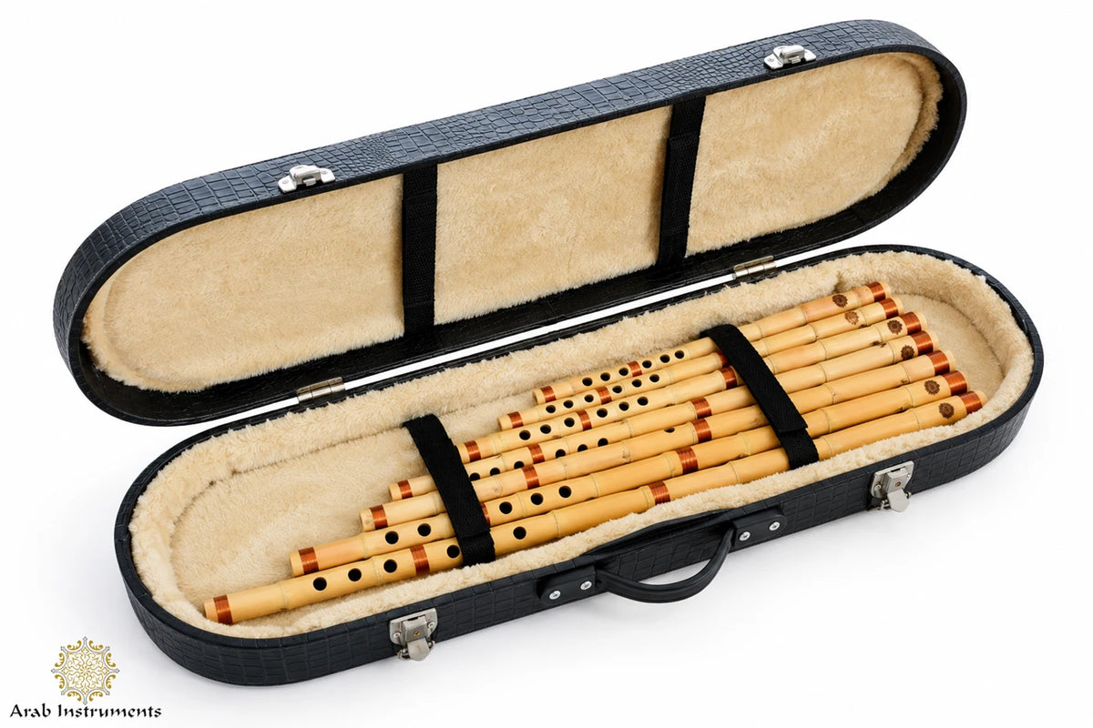 Angled view of the seven-piece Egyptian ney set in its exclusive hard case with retaining straps