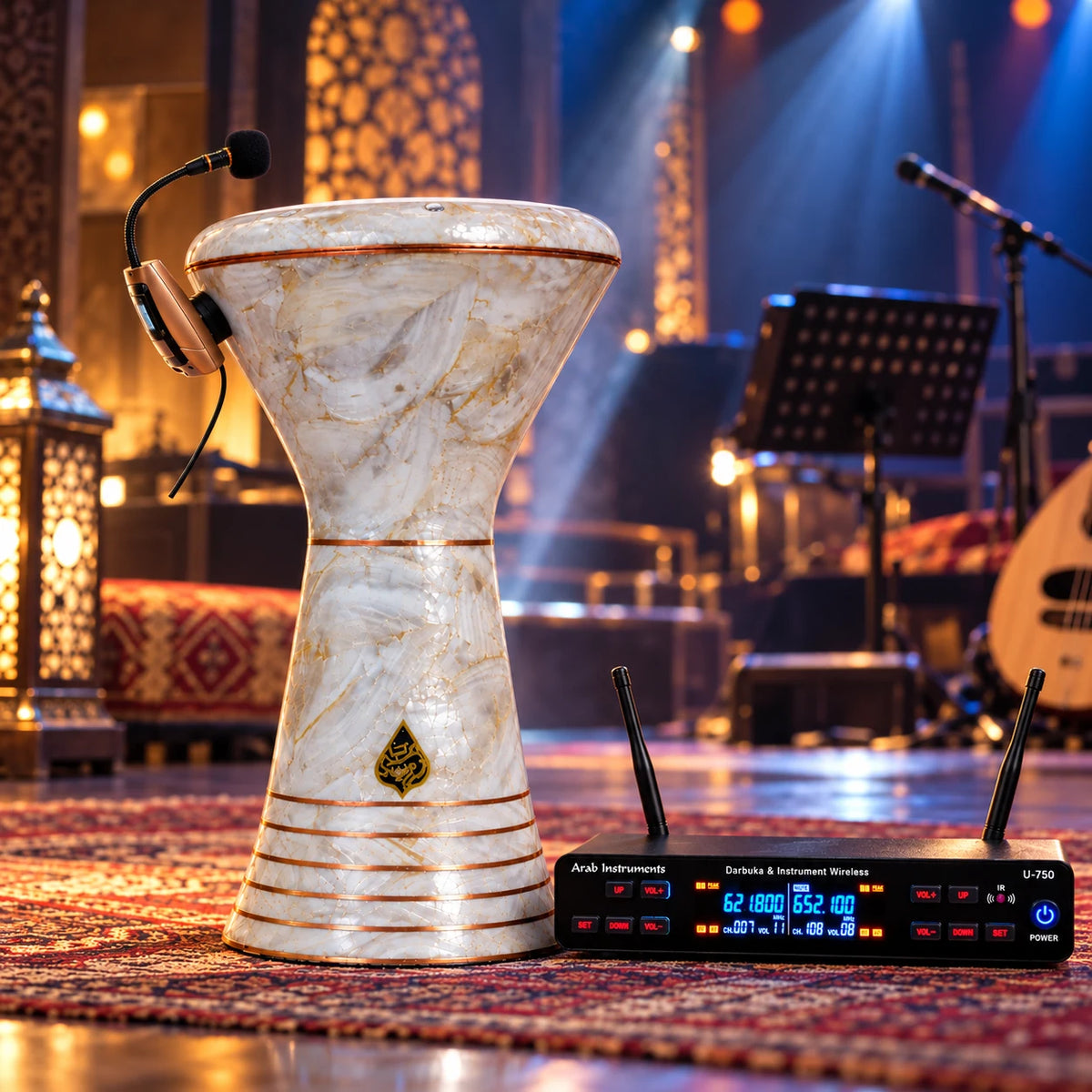 U-750 professional wireless darbuka microphone and receiver beside a white Egyptian doumbek on a live performance stage