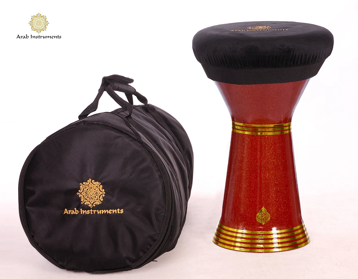 Handmade Egyptian darbuka red sparkling finish gold inside Sombaty Plus 8 pegs aluminum doumbek on stand