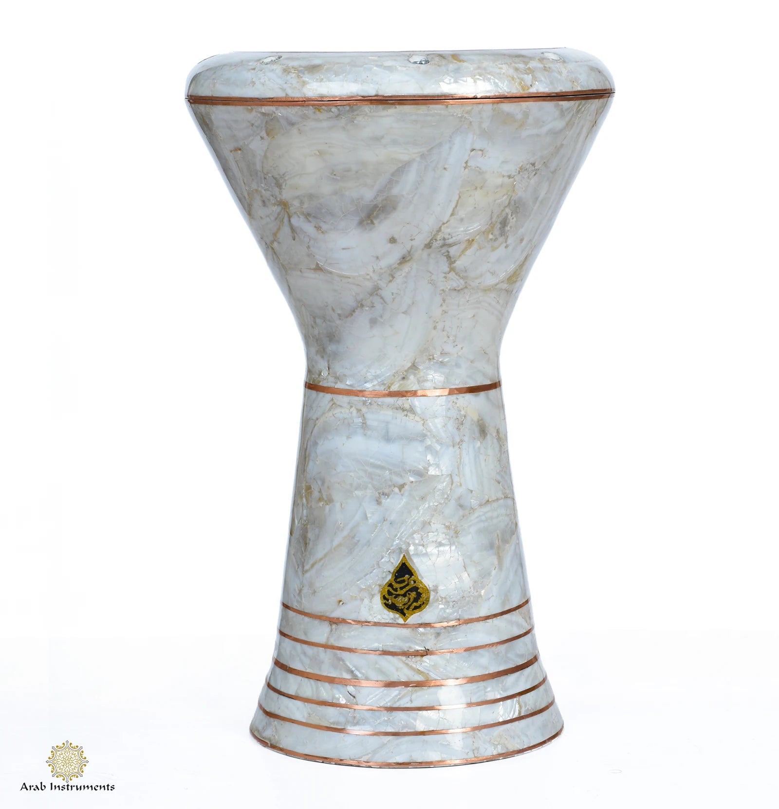 Rare Temple of Luxor Sombaty Plus darbuka combining Japanese white mother-of-pearl, copper inlays, and premium Egyptian craftsmanship