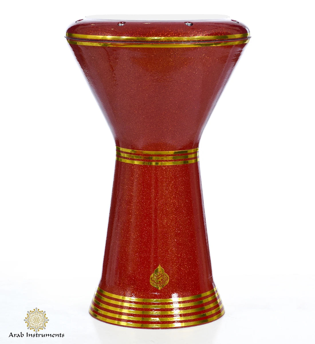 Luxury Egyptian doumbek red sparkling exterior gold interior stage darbuka 8 peg tuning system detailed view