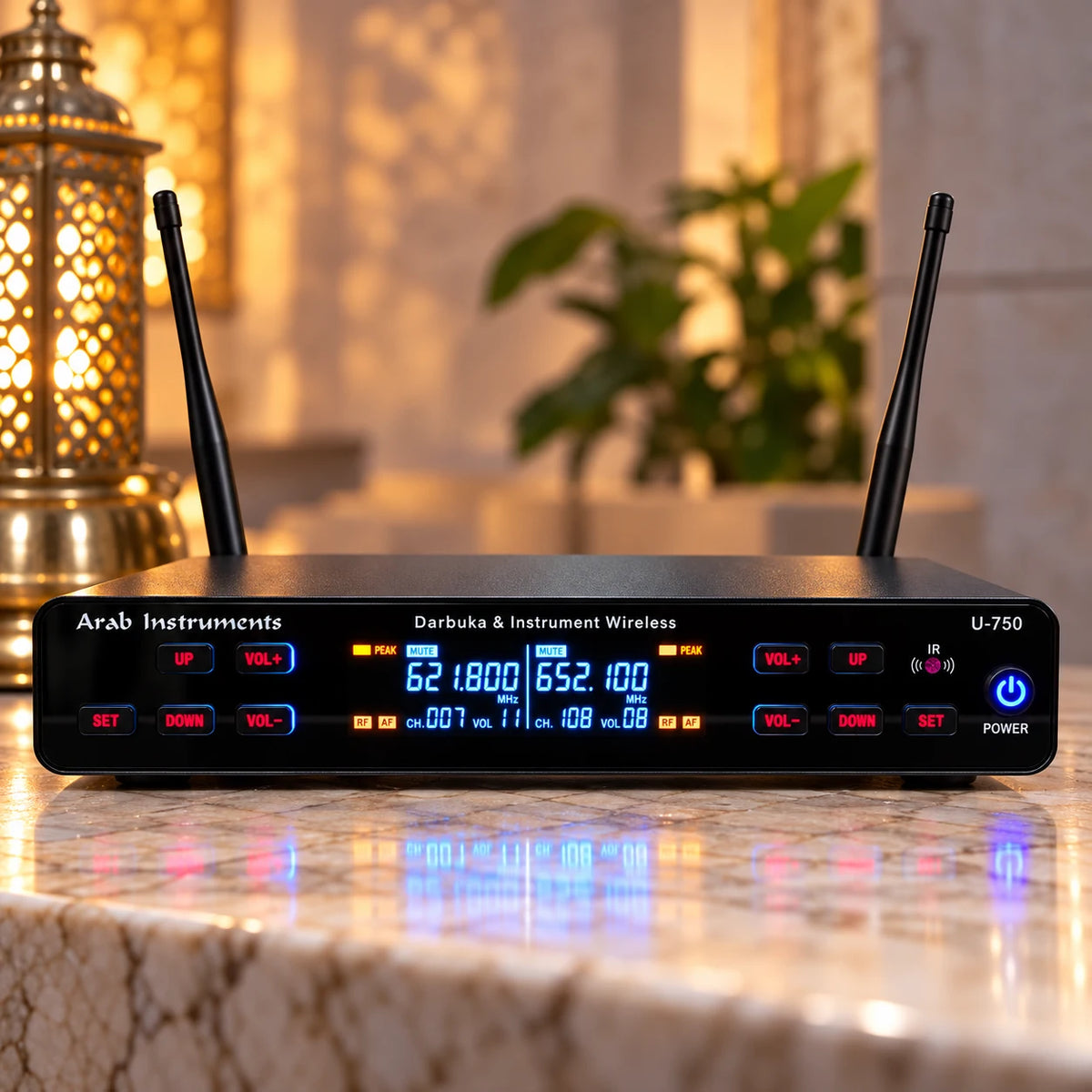 Arab Instruments U-750 UHF wireless microphone receiver with dual antennas, digital displays and frequency controls