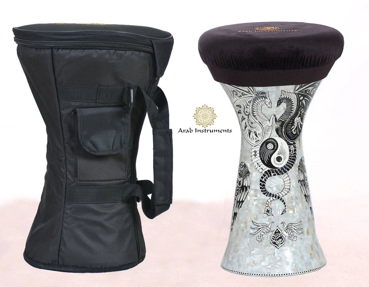 24 cm Sombaty Max doumbek drum covered with Japanese white pearl mosaic and decorated with twin dragon artwork