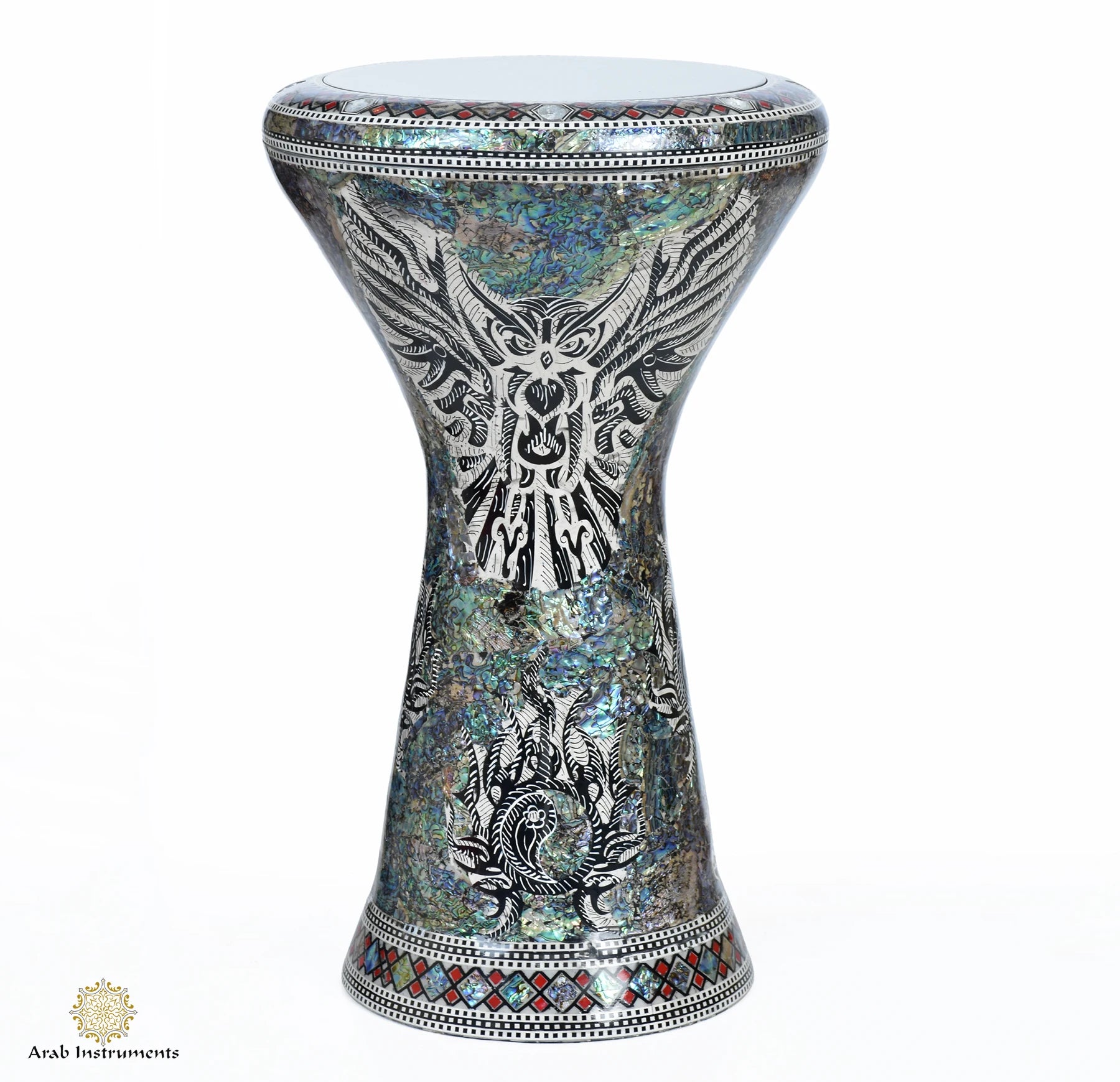 Professional Guardian of Karnak Sombaty Max Darbuka Drum featuring handcrafted owl artwork and blue abalone pearl mosaic