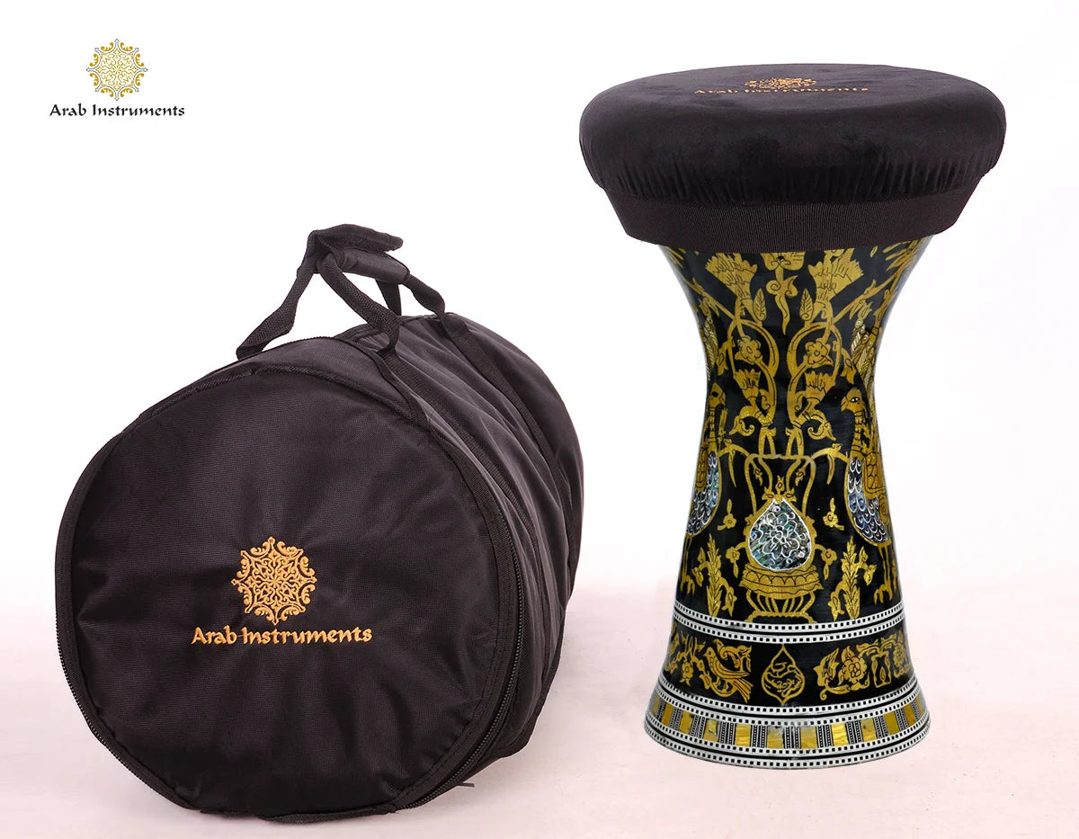 Handmade Egyptian Golden Peacock darbuka by Arab Instruments with deep bass, sharp Tak and premium pearl decoration