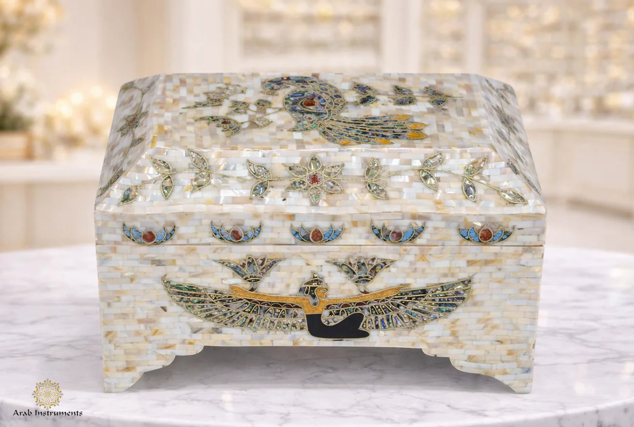 Close-up of blue mother-of-pearl Peacock inlay on handmade Egyptian jewelry box