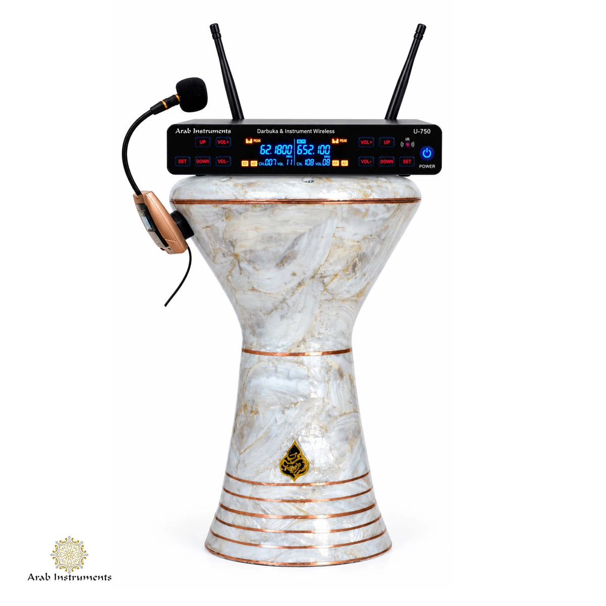 Arab Instruments wireless microphone system mounted on a white marble darbuka with U-750 receiver