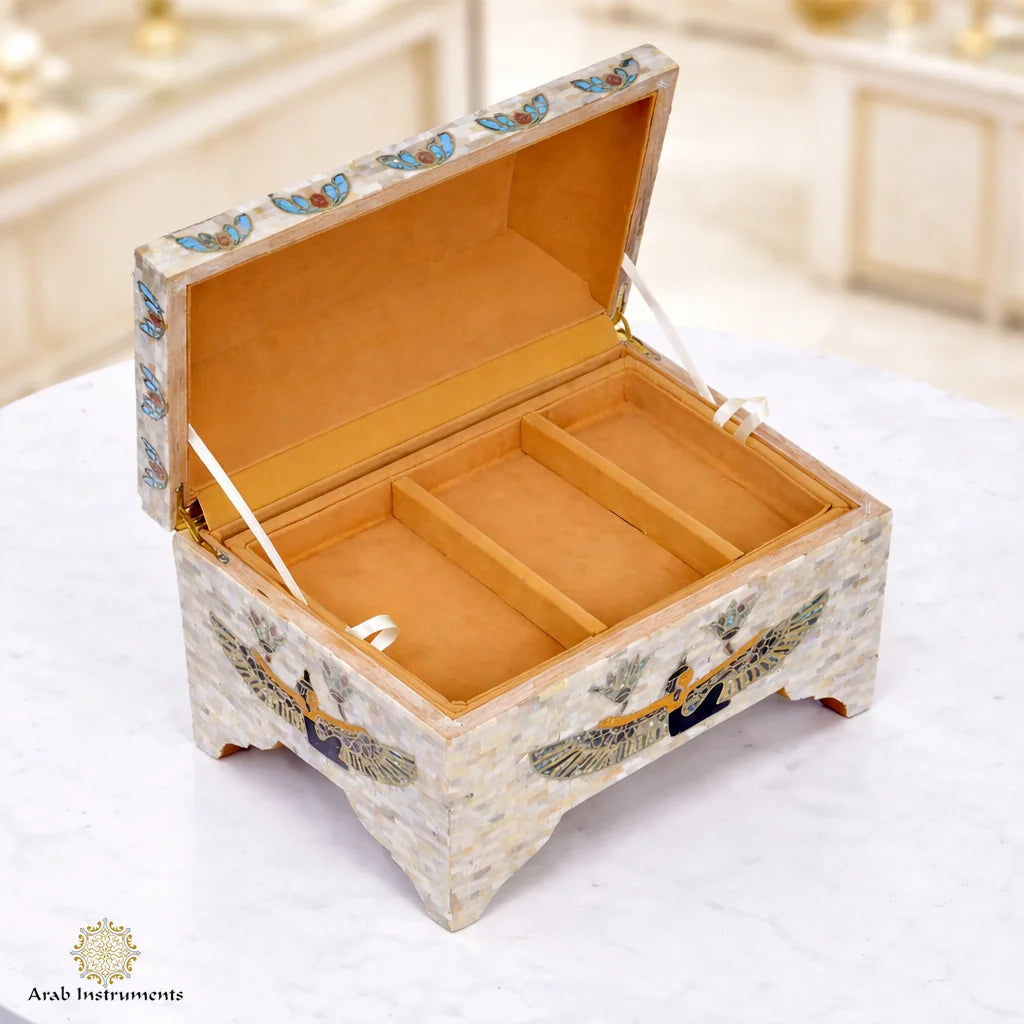 Side view of Egyptian mother-of-pearl jewelry box showing pearl mosaic craftsmanship