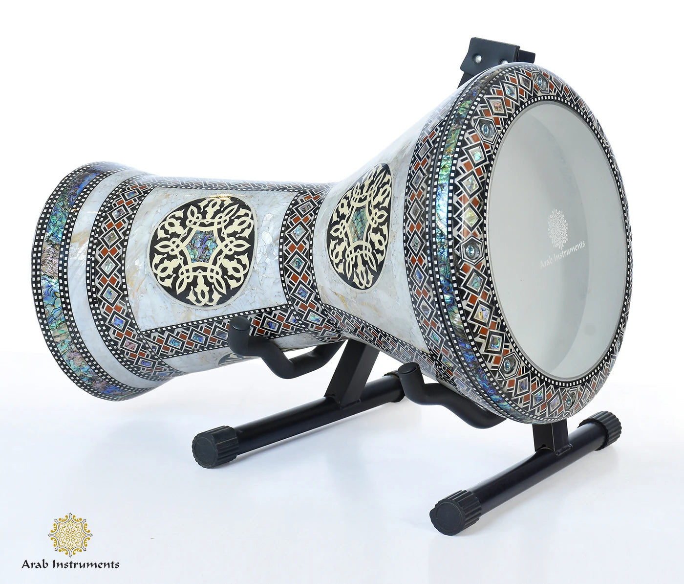 The Imperial Lotus Sombaty Plus Darbuka handcrafted in Egypt with Japanese white pearls and mother of pearl inlays