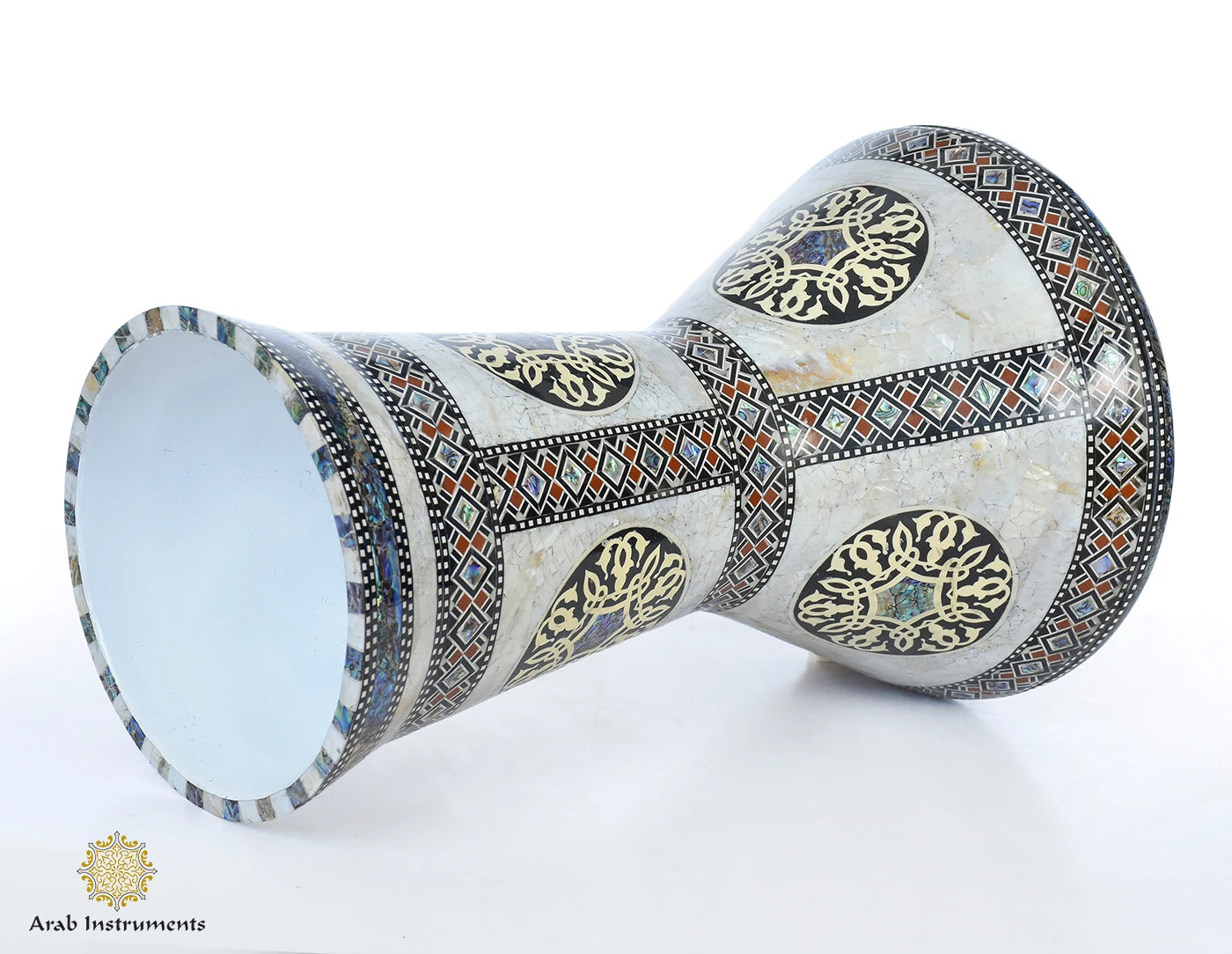 Luxury Egyptian doumbek drum featuring marble-like Japanese white pearls and blue abalone shell decoration