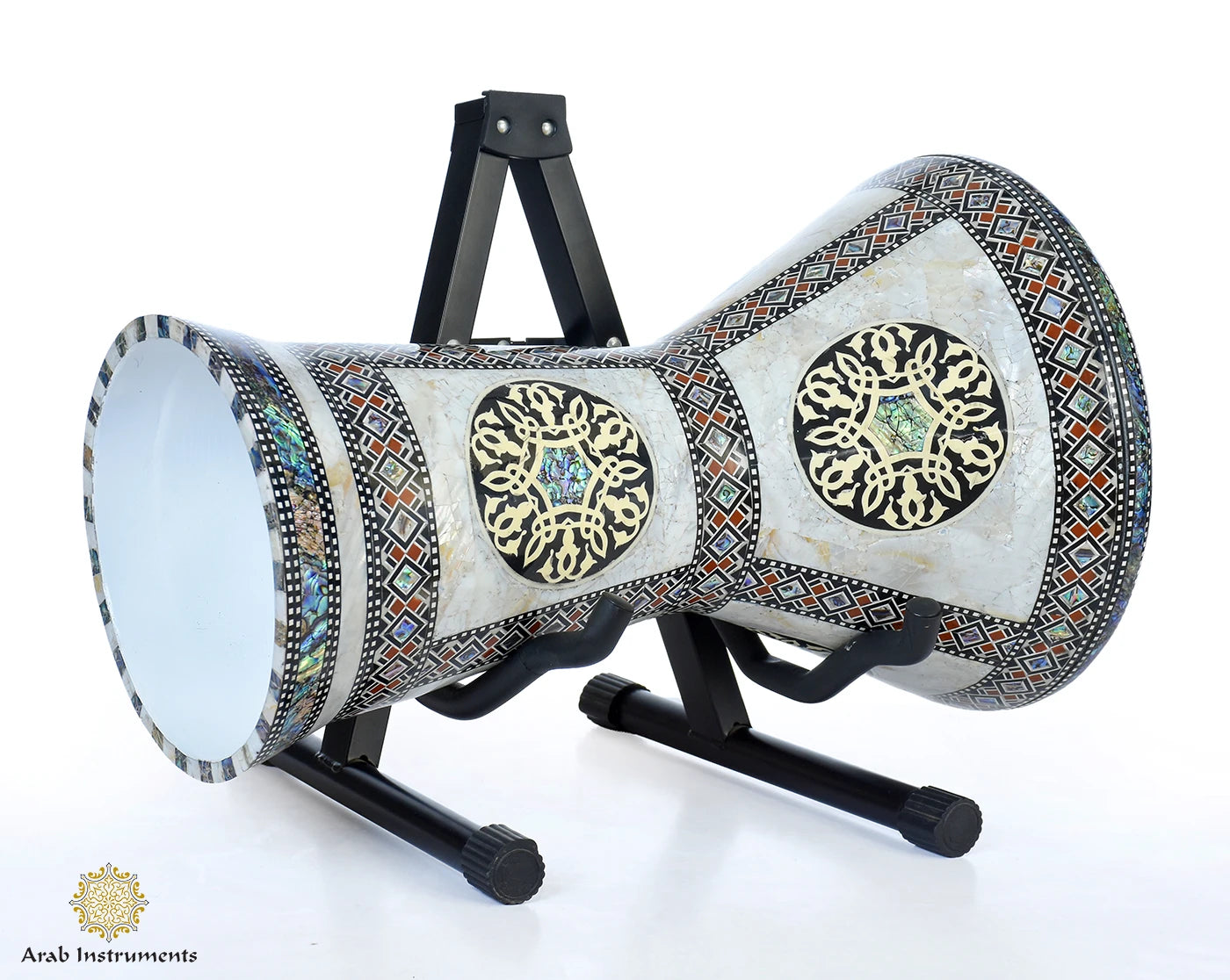 The Imperial Lotus premium doumbek drum by Arab Instruments with white marble pearl finish and elegant geometric patterns