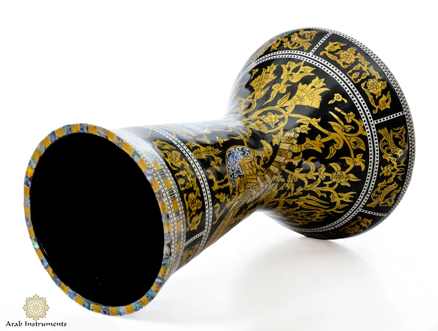 Close-up of Golden Peacock Sombaty Max drum featuring blue Australian and New Zealand abalone with golden peacock design