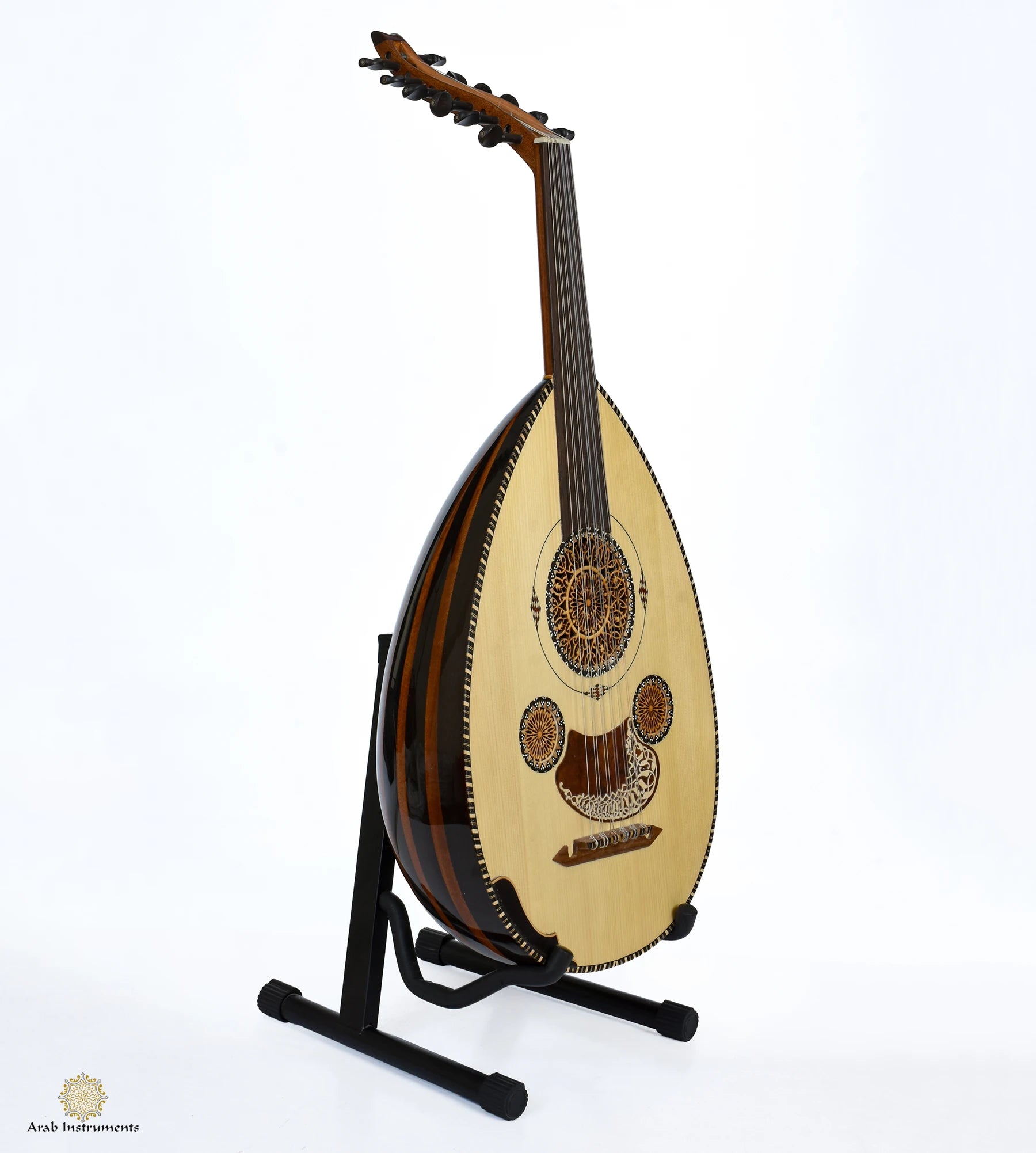 Side view of Mourad ELTurky professional Egyptian oud showing elegant Wenge and Walnut wood bowl craftsmanship