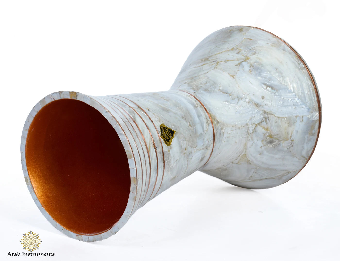 Luxury handcrafted Egyptian darbuka drum with marble-like Japanese white pearls and authentic copper details