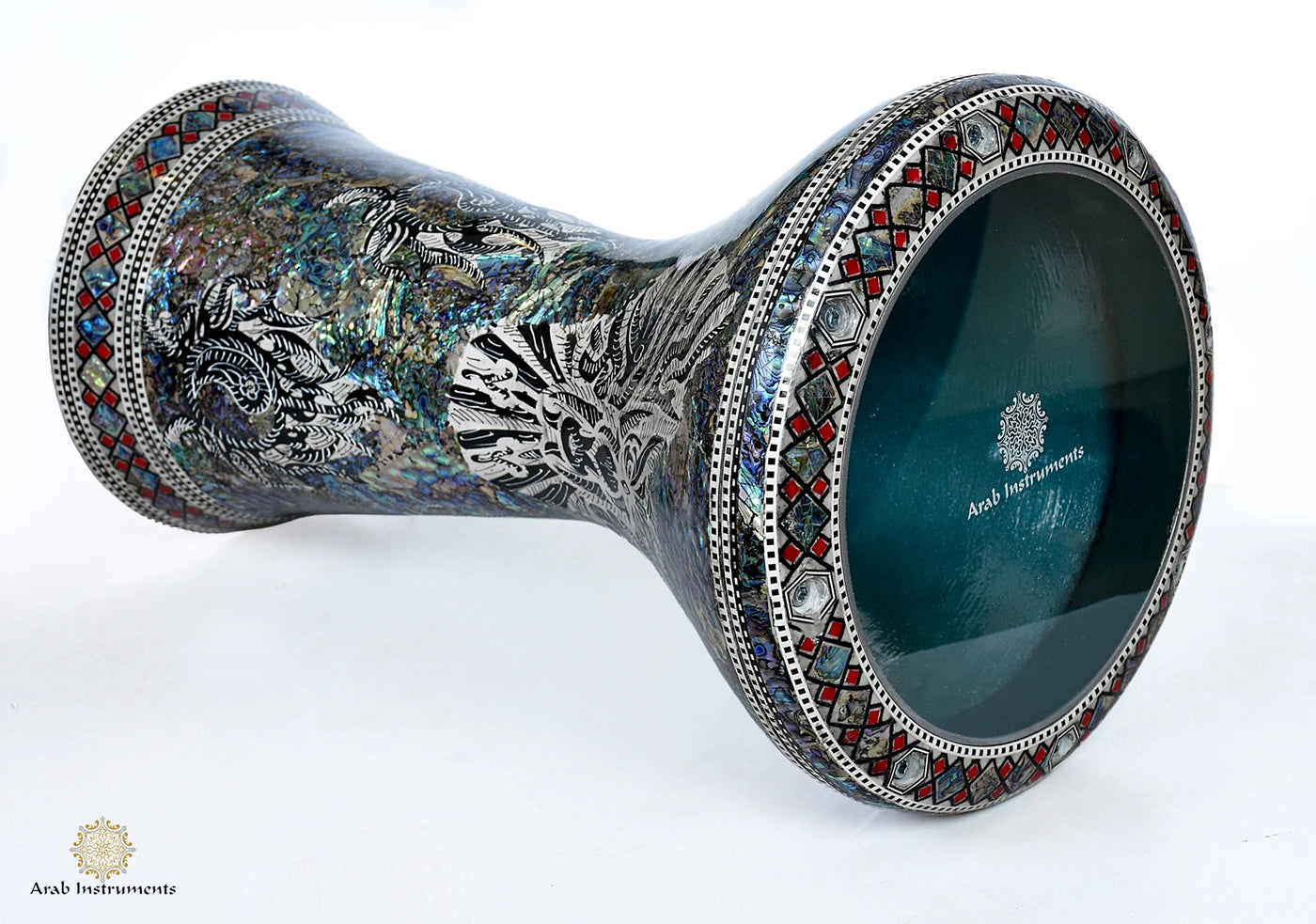 Professional handmade Guardian of Karnak Darbuka Drum combining powerful bass, sharp Tak, and rare blue abalone pearl craftsmanship