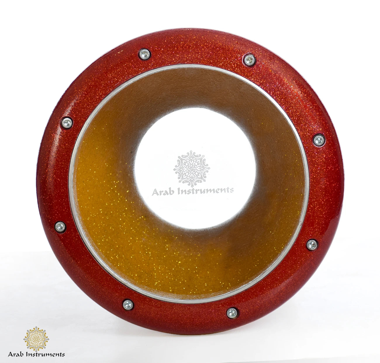 Close-up of red sparkling darbuka with gold inner shell and 8 tuning pegs high quality Egyptian doumbek