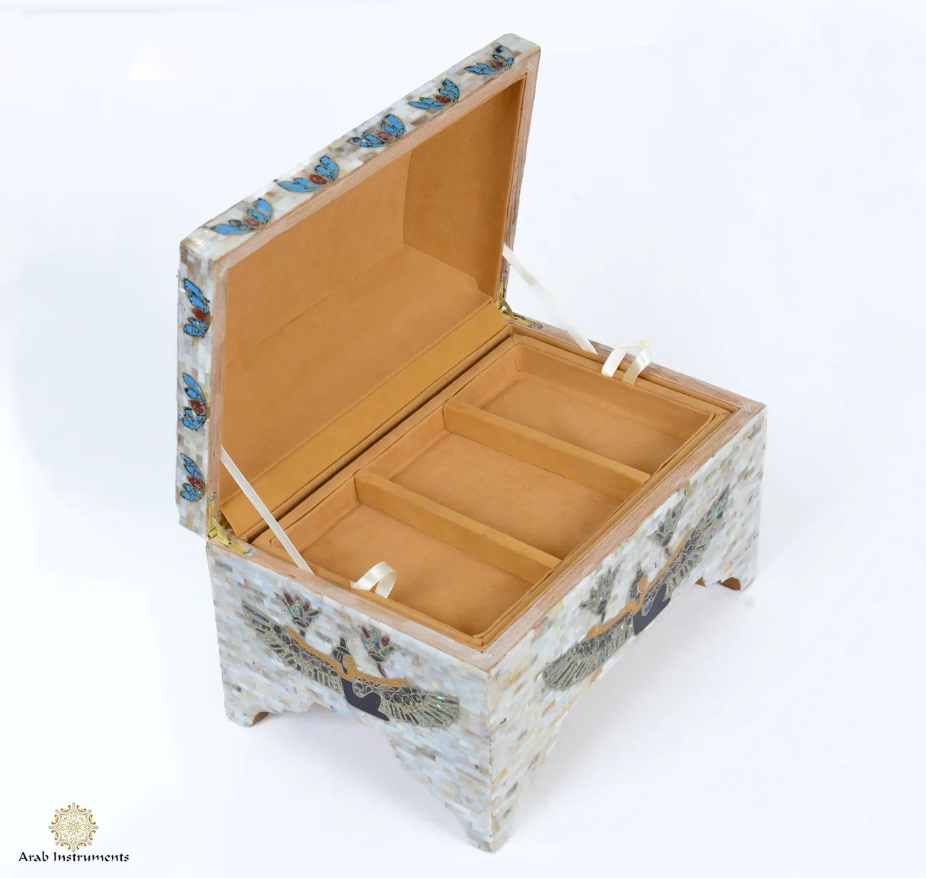 Lined interior of handmade Egyptian jewelry box for jewelry and personal items