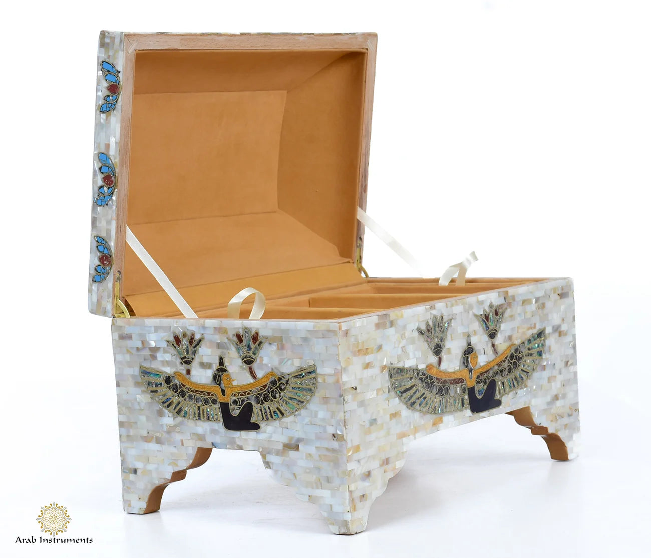 Handmade Egyptian mother-of-pearl jewelry box with elevated base and detailed finish