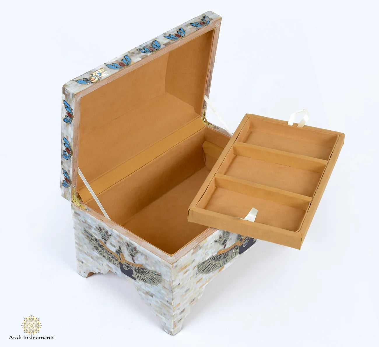 Egyptian mother-of-pearl jewelry box displayed in a traditional heritage setting