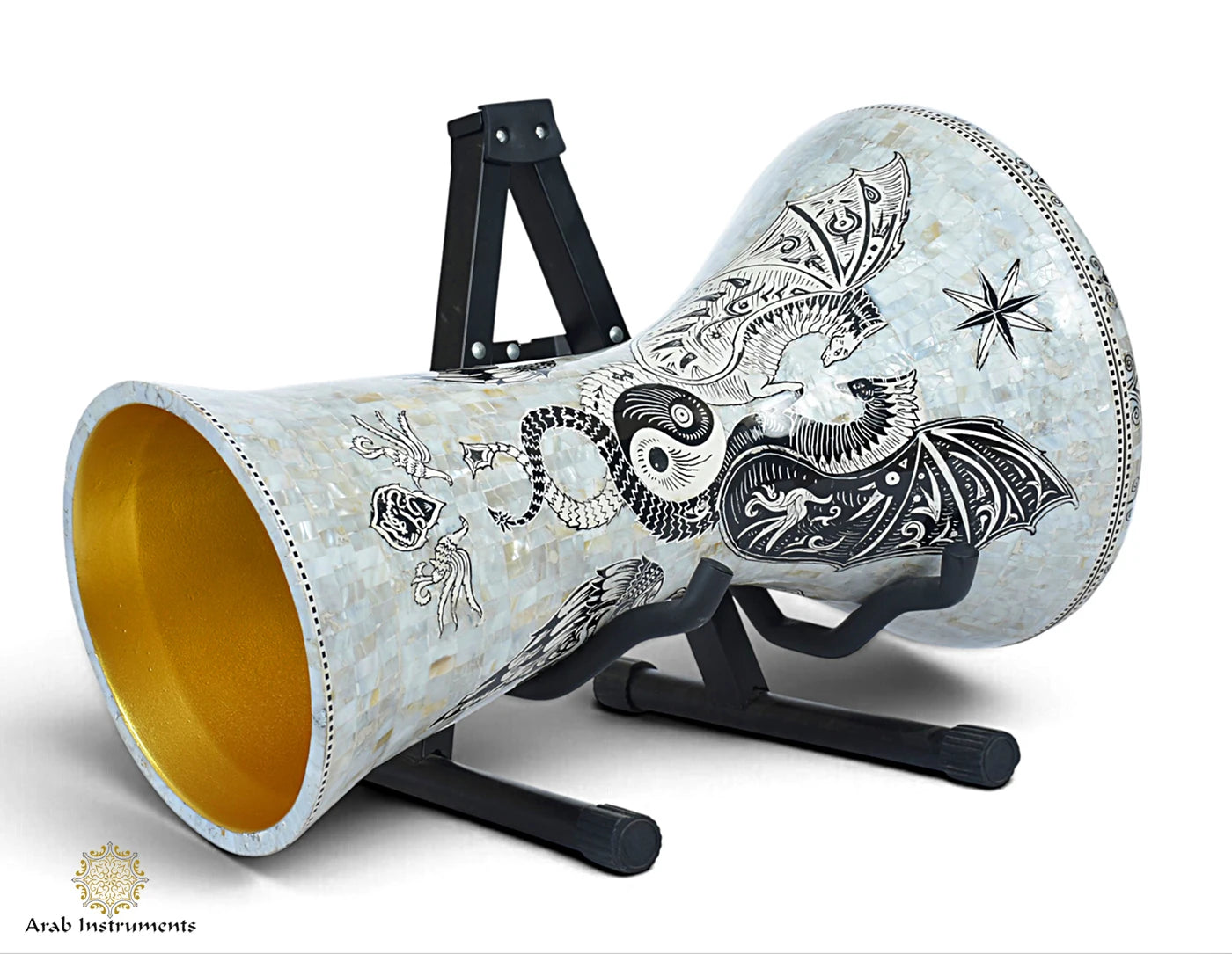 Egyptian darbuka drum  with Japanese white pearls, detailed black dragon artwork, gold-painted interior, and 23 cm drumhead.