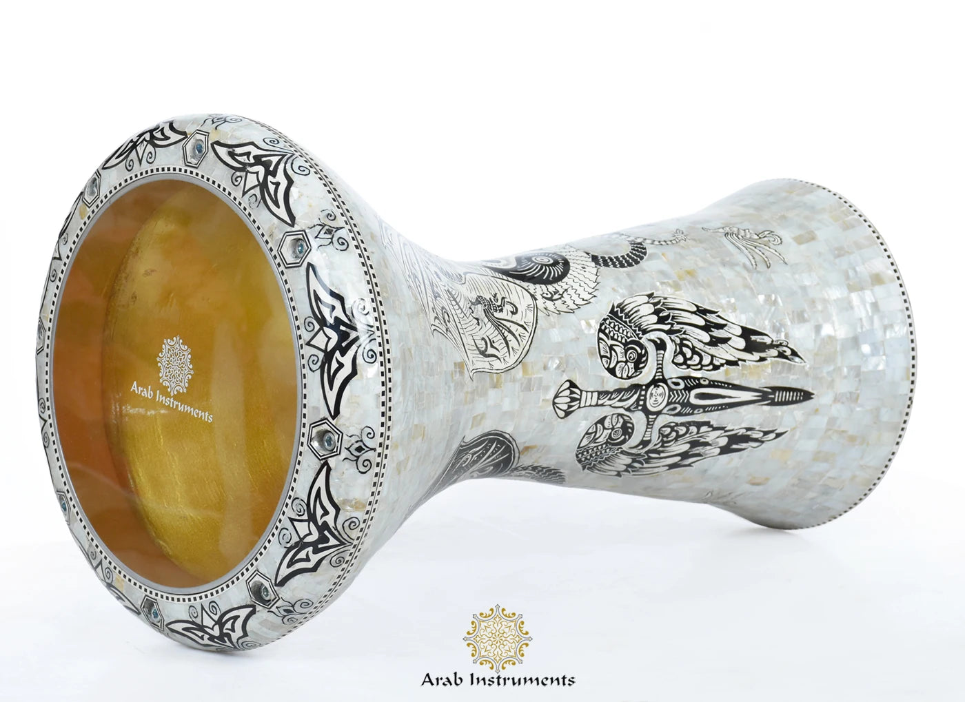 Spirits of Ramses professional darbuka drum with black and white dragon artwork, open structure and metallic gold interior