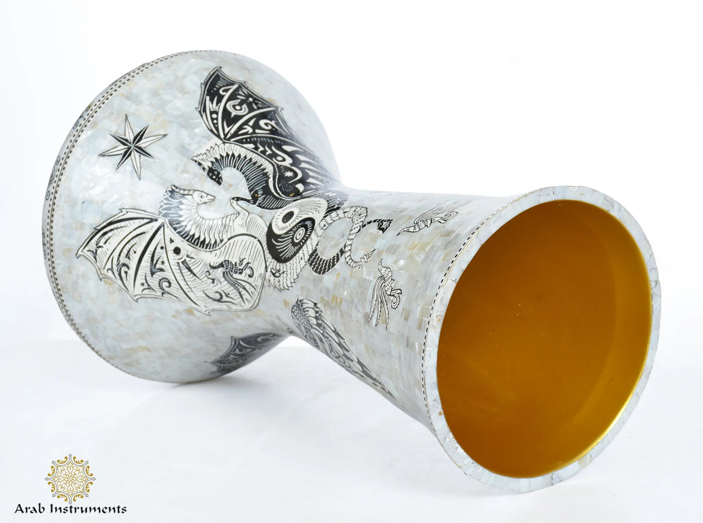 Spirits of Ramses Sombaty Max darbuka with 24 cm skin, Japanese white pearl mosaic and black-and-white dragon design