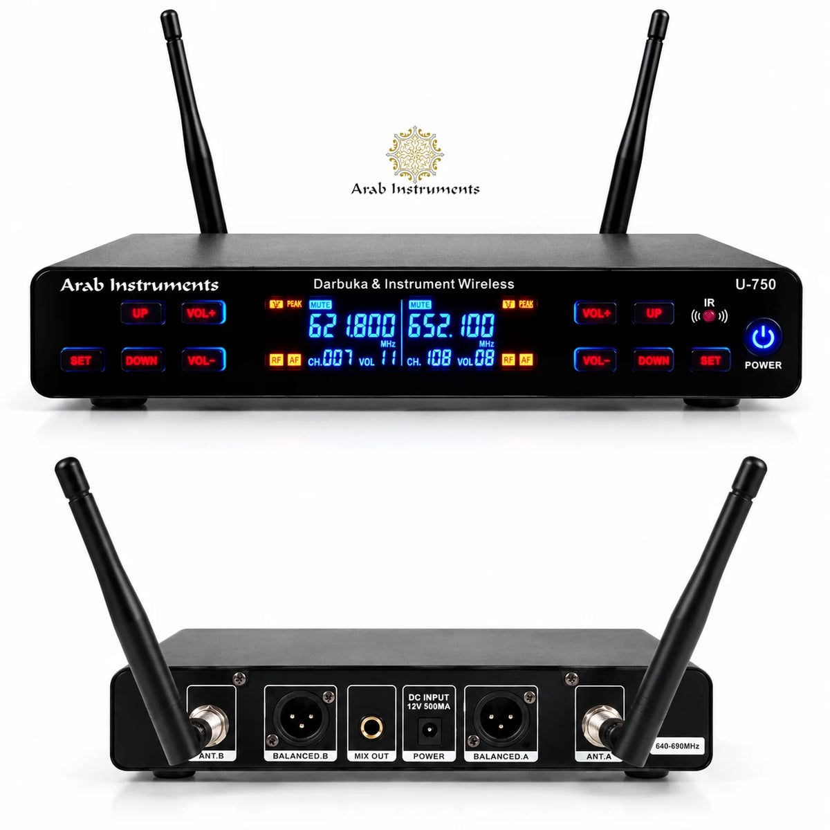 Rear view of U-750 wireless microphone receiver showing XLR audio outputs, mix output and power connection