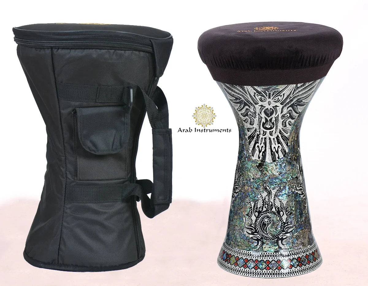 A black drum case shown next to a decorated goblet drum. The case is matte black with a side strap, and the drum features a dark brown head with a highly detailed silver and multicolor mother-of-pearl body.