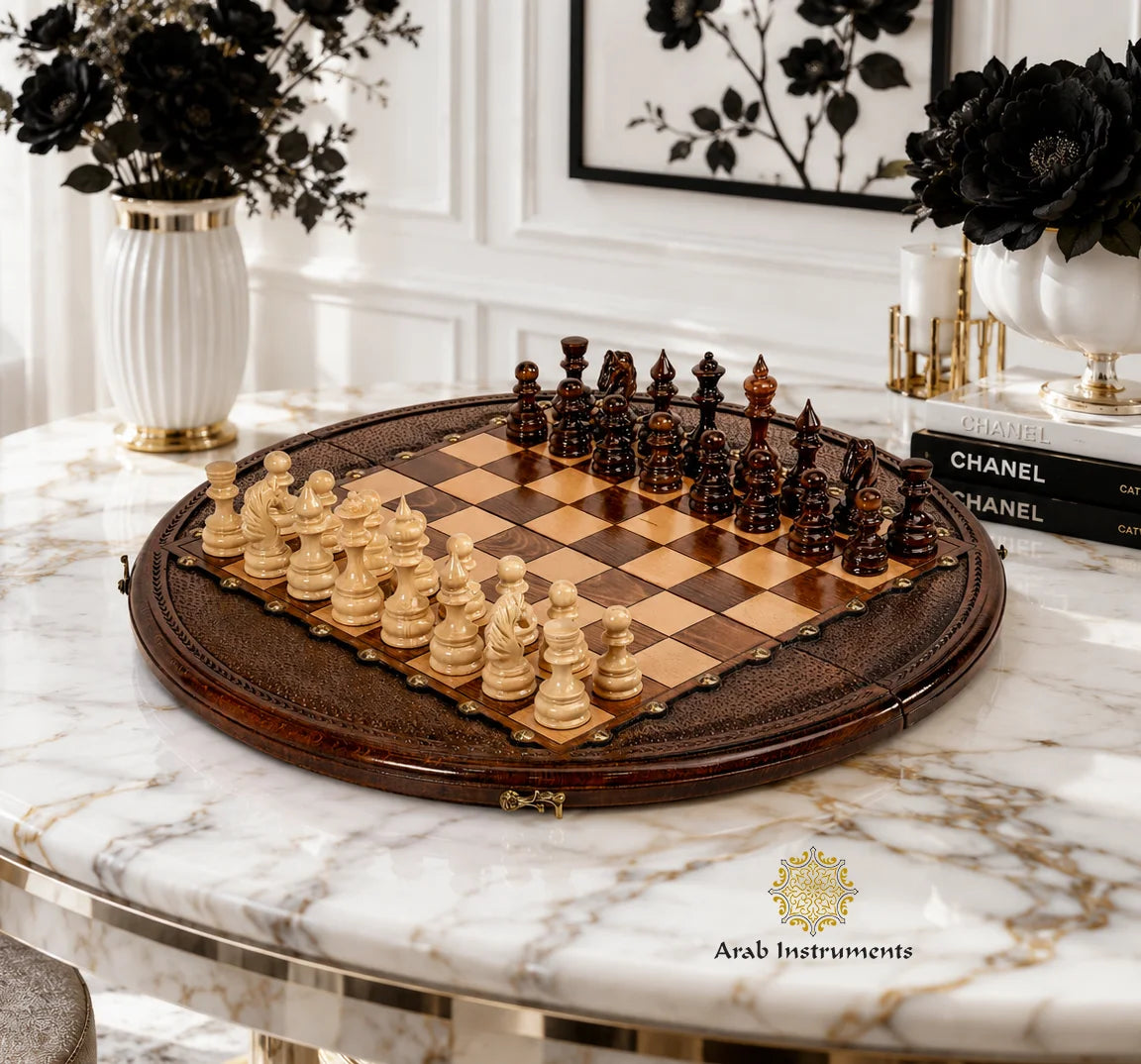 Hand Carved Premium Round Decorated Chess Board #AI21528