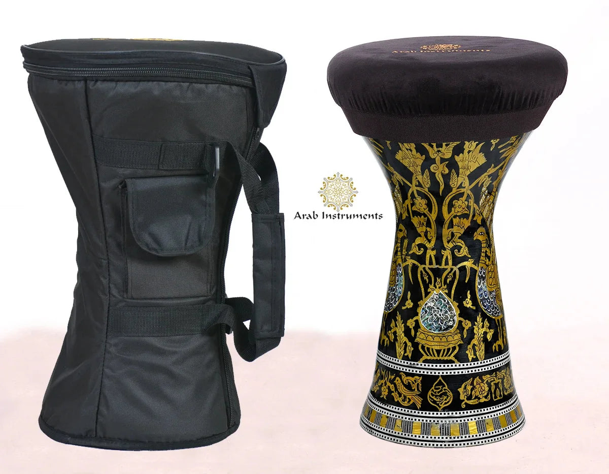 Handmade Egyptian Golden Peacock darbuka by Arab Instruments with deep bass, sharp Tak and premium pearl decoration
