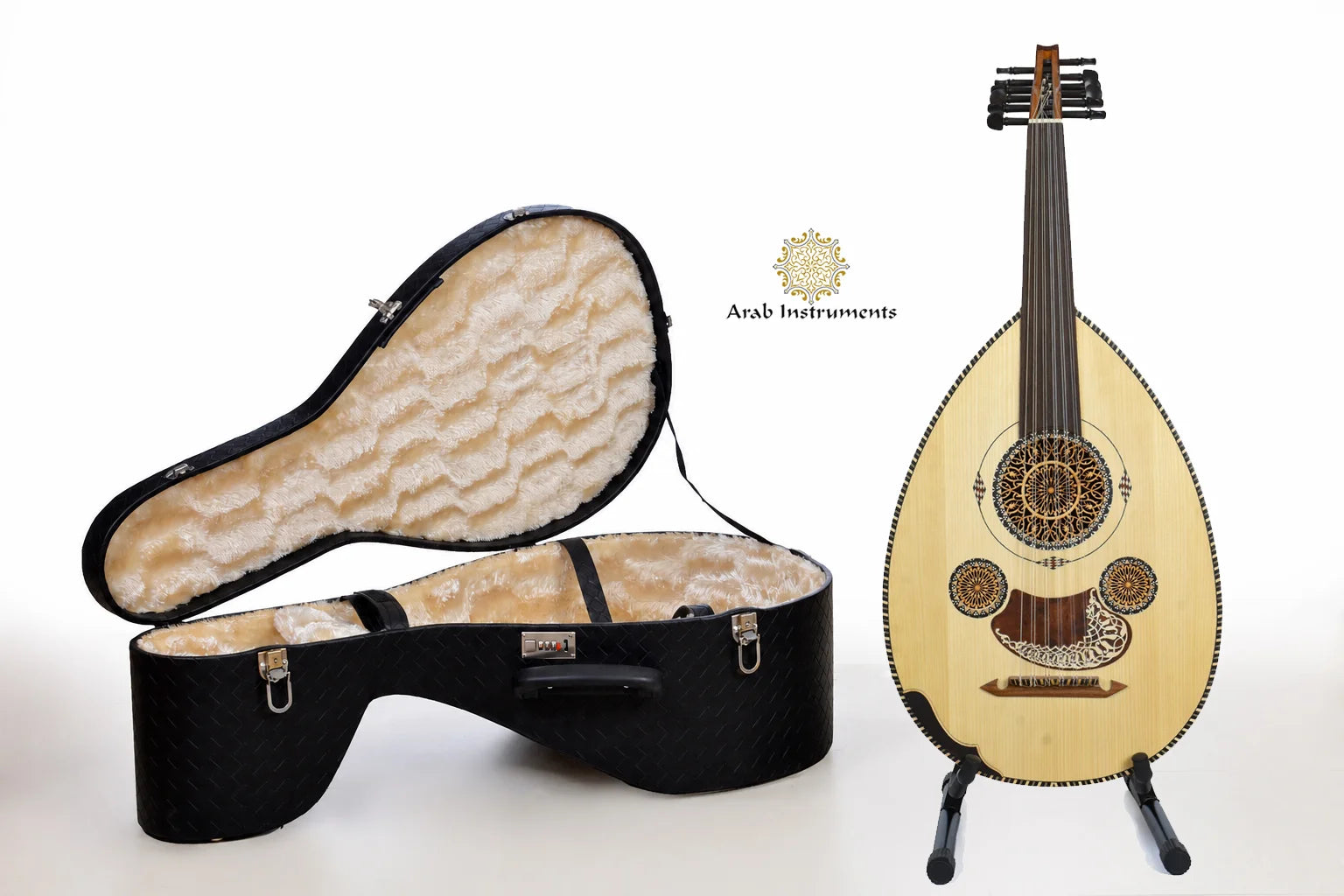 Professional Egyptian oud handcrafted by Mourad ELTurky featuring spruce top, Wenge and Walnut back, and ebony tuning pegs