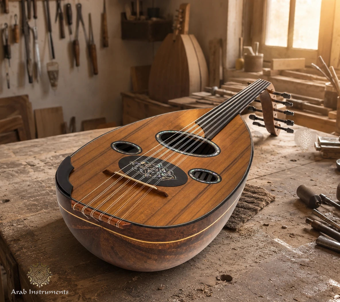 Professional Iraqi oud with floating bridge design, ebony fingerboard, and blue mother of pearl decorations