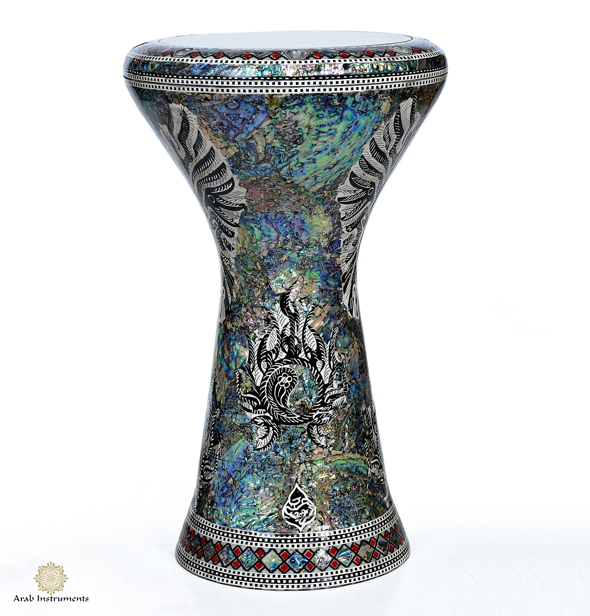 Handmade Guardian of Karnak Darbuka Drum with owl design, Australian blue abalone pearls, and 8 tuning lugs