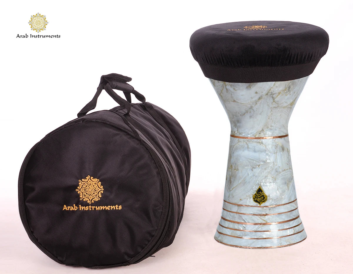 Close-up of genuine Japanese white mother-of-pearl and handcrafted copper inlays on the Temple of Luxor darbuka