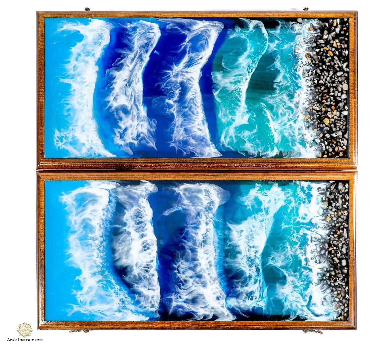 Hand Carved Ornament Backgammon With Epoxy Sea Waves #AI11523-2