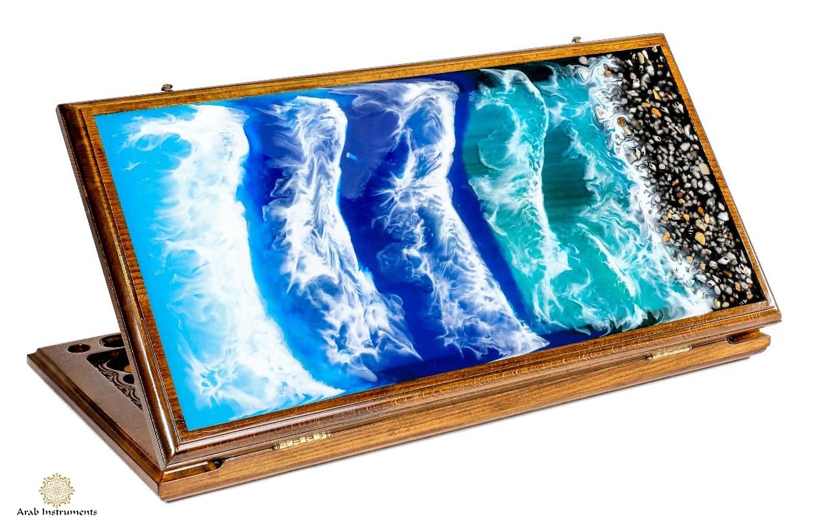 Hand Carved Ornament Backgammon With Epoxy Sea Waves #AI11523-2